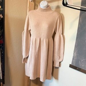 Beige Knit Turtleneck Dress
